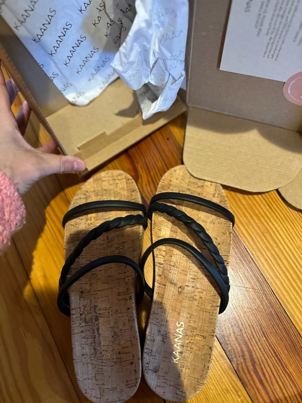 Kaanas Black Braided & Slim Strap Cork Slide Sandals